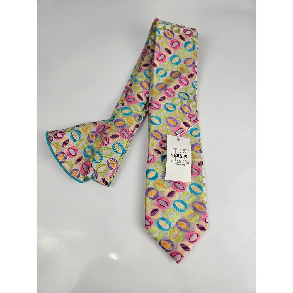 NWT Verse‎ 9 Silk Tie & Pocket Circle Vibrant Geometric Oval